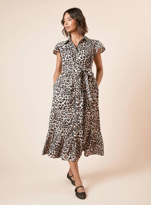 DOROTHY PERKINS Leopard Frill Sleeve Belted Midi Shirt Dress 12